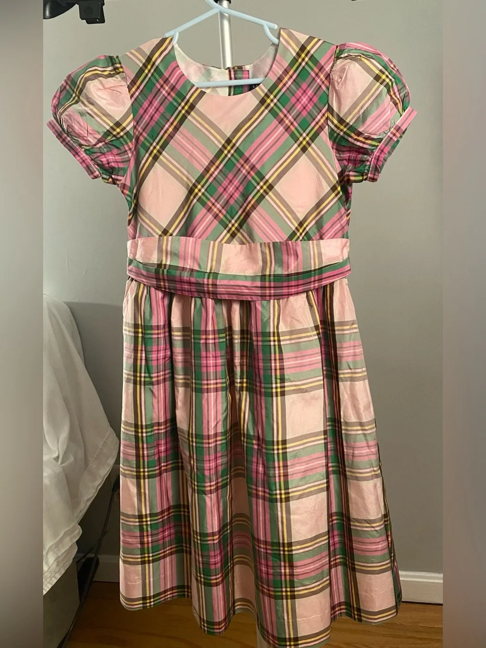 Lands’ End Girls 6X 100% Silk Pink Plaid Puff Sleeve Party Dress EUC